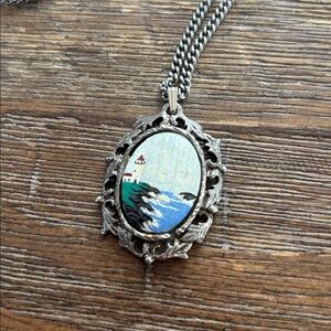 Vintage Hand Painted Cameo Pendant In Ornate Frame - Long Silver Coloured Chain